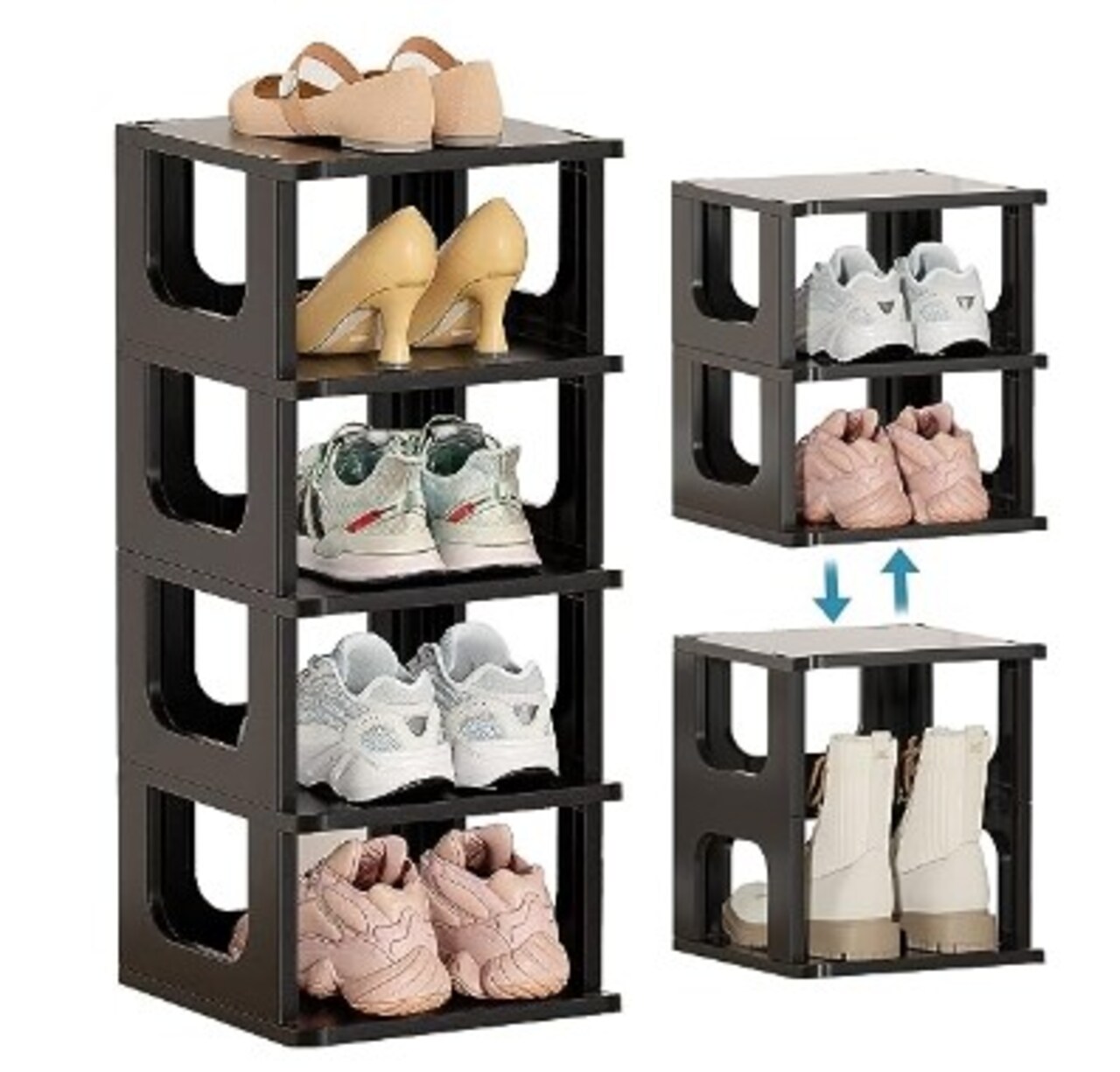 5 Tier Plastic Vertical Narrow Shoe Shelves for Closet Black Shoe Holder, Stand For Entryway Shoe Storage Boots Organiser Stackable Shoe Cabinet Shoe Organiser Shoe Rack for Small Spaces